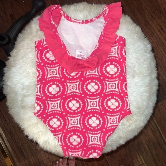 Circo pink & white ruffle one piece kids swimsuit size 18 months 18M little girl - Picture 2 of 5